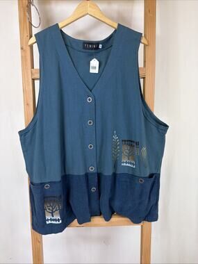 Fenini Blue Button Up Art To Wear Vest #1219 Size 1X USA Made